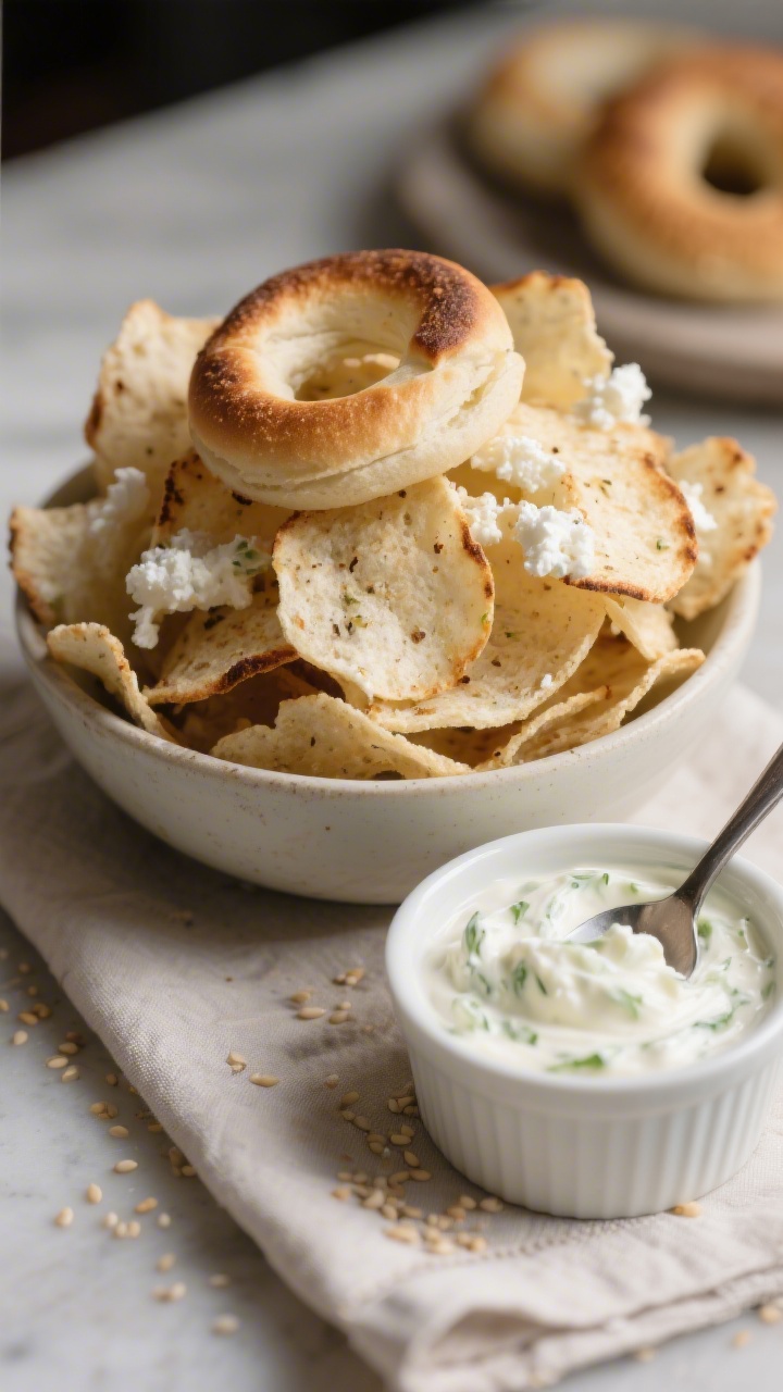 Close-up detail of a small bowl piled high with cottage cheese bagel chips next to a ramekin of whip