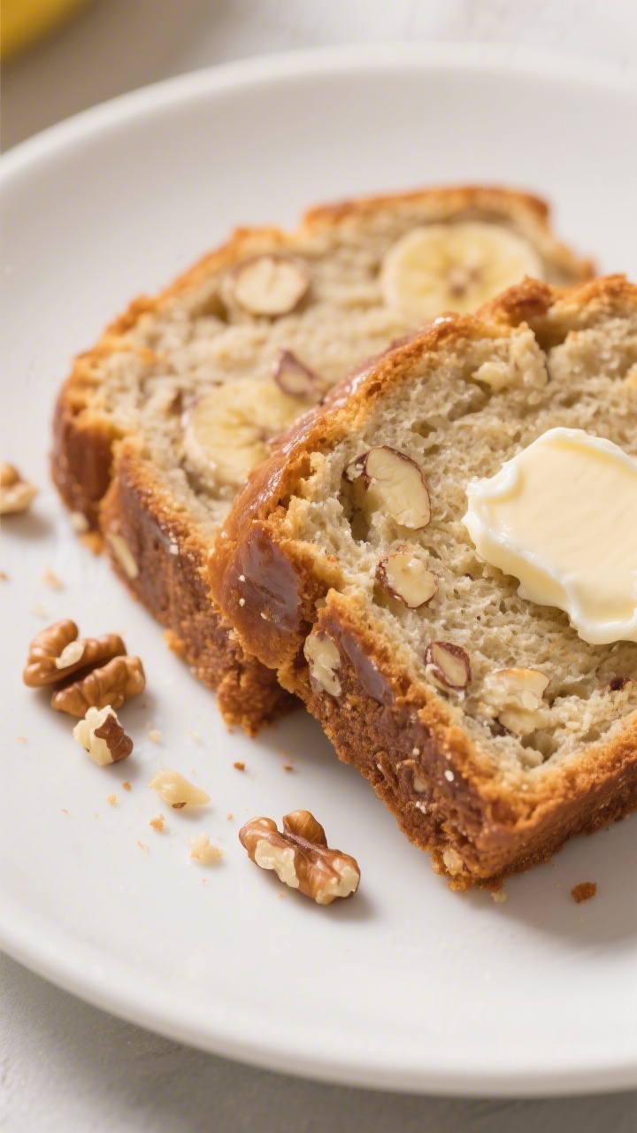 Close-up detail of sliced banana bread on a matte white plate: two thick warm slices slightly overla