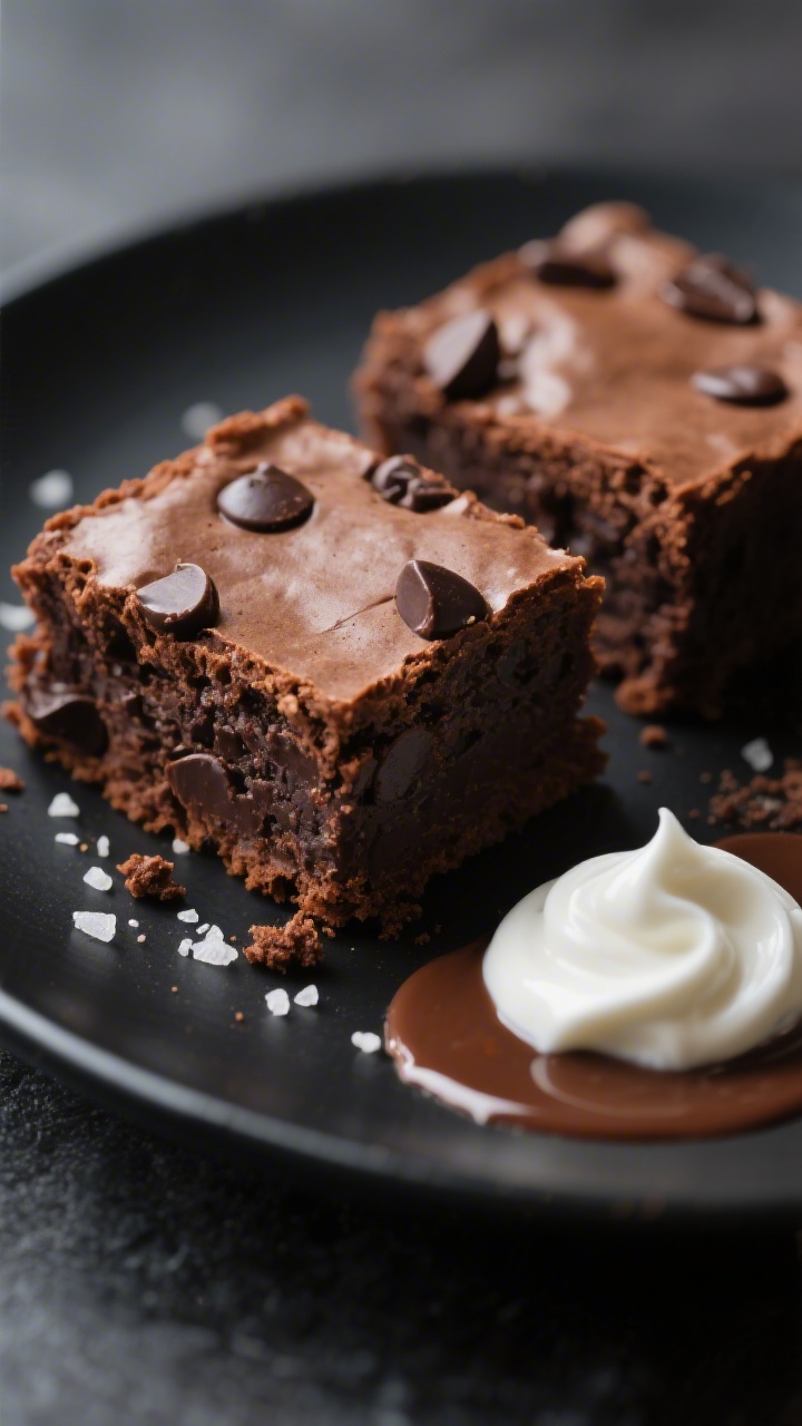 Close-up detail of sliced brownies on a matte black plate, showing ultra-fudgy interior with melty d