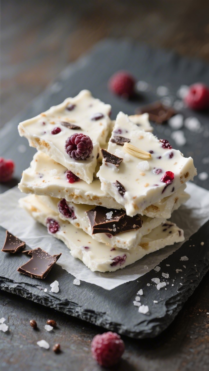 Close-up detail of the final frozen yogurt bark pieces after cracking, stacked casually on a cool sl