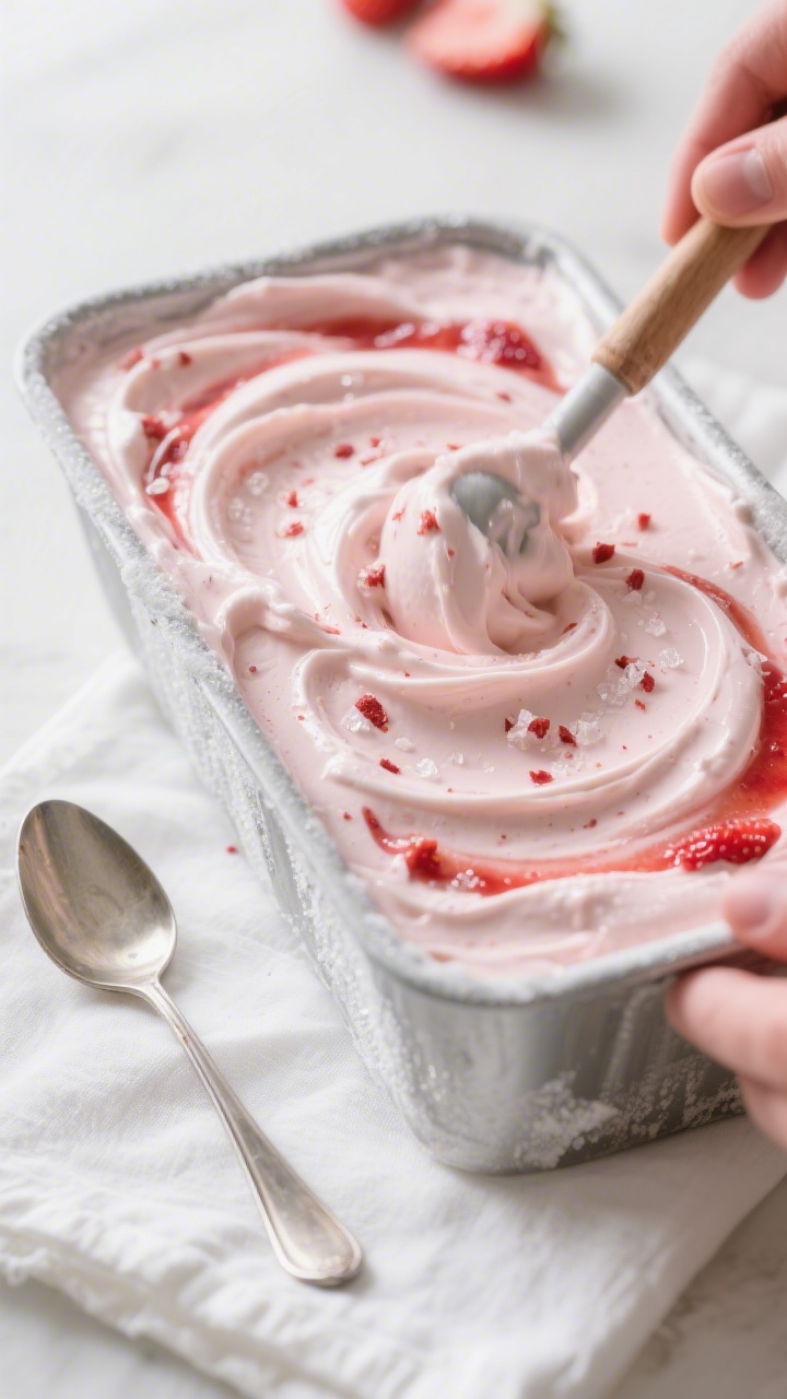 Close-up detail, process shot: Thick strawberry cheesecake protein ice cream being stirred mid-freez