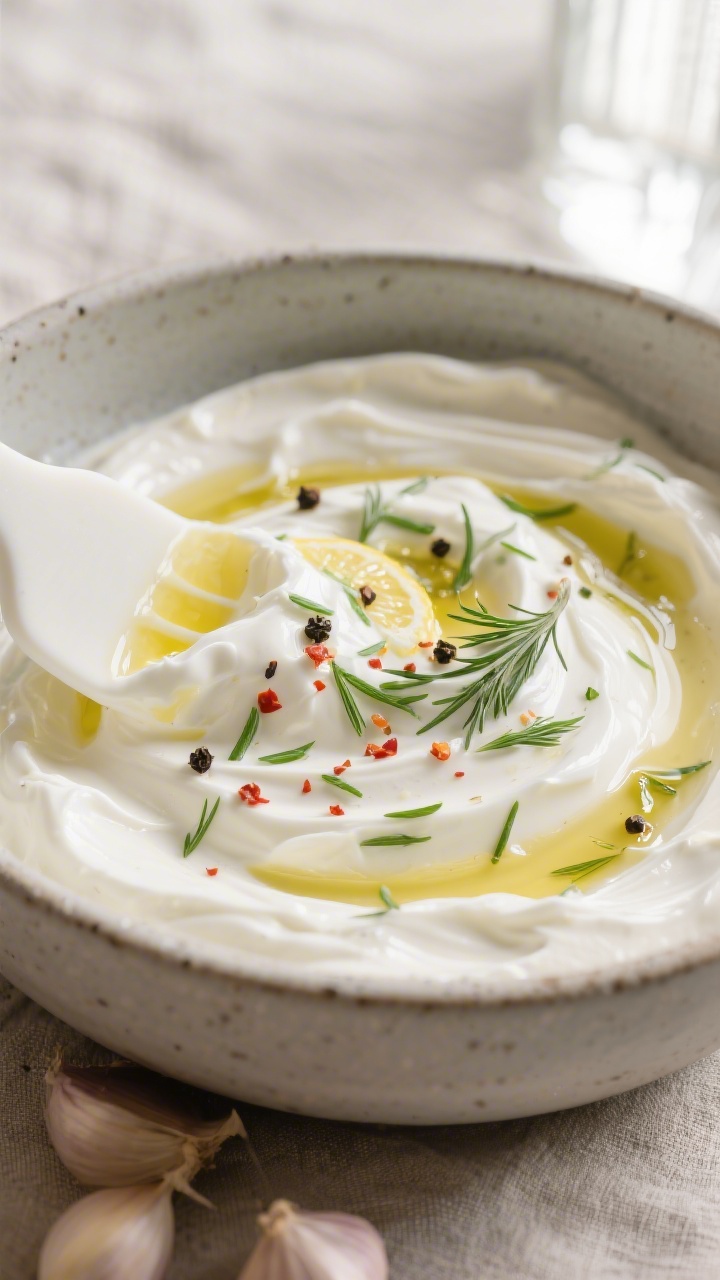 Close-up detail shot: A creamy garlic Greek yogurt dip mid-prep in a matte stoneware bowl, glossy an