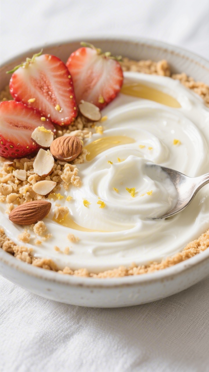 Close-up detail shot: A creamy swirl of thick Greek yogurt blended with a touch of cream cheese, van