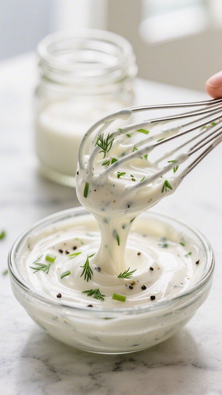 Close-up detail shot: a small glass bowl of creamy Greek yogurt ranch being whisked to a silky, pour