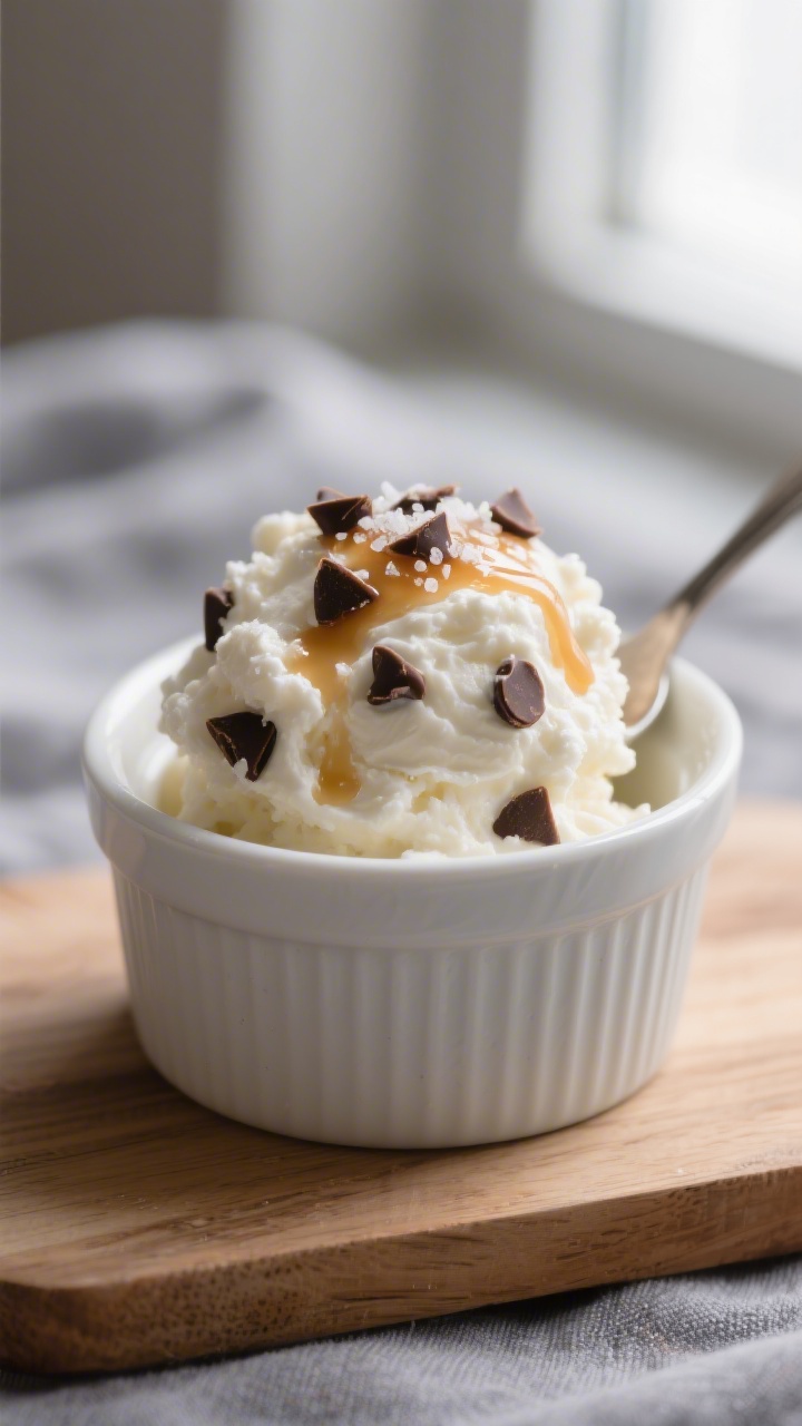 Close-up detail shot of a chilled scoop of Cottage Cheese Chocolate Chip Cookie Dough nestled in a s