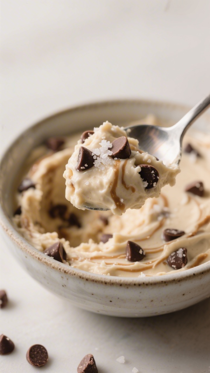 Close-up detail shot of a spoonful of Chocolate Chip Greek Yogurt Cookie Dough being scooped from a