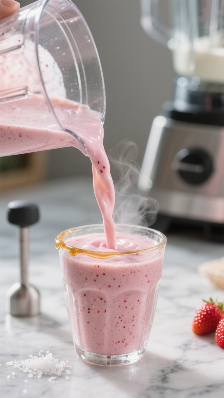 Close-up detail shot of a thick strawberry Greek yogurt smoothie mid-blend being poured into a frost