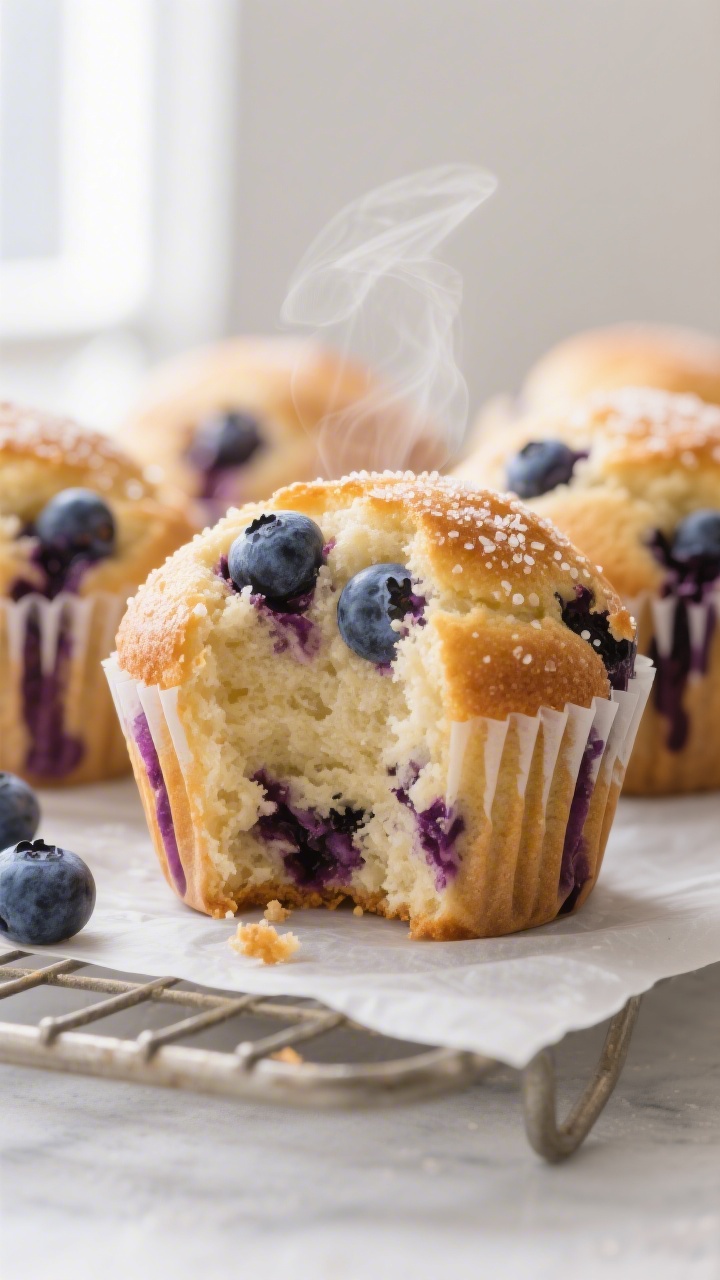 Close-up detail shot of freshly baked Greek yogurt blueberry muffins just out of the tin, golden dom