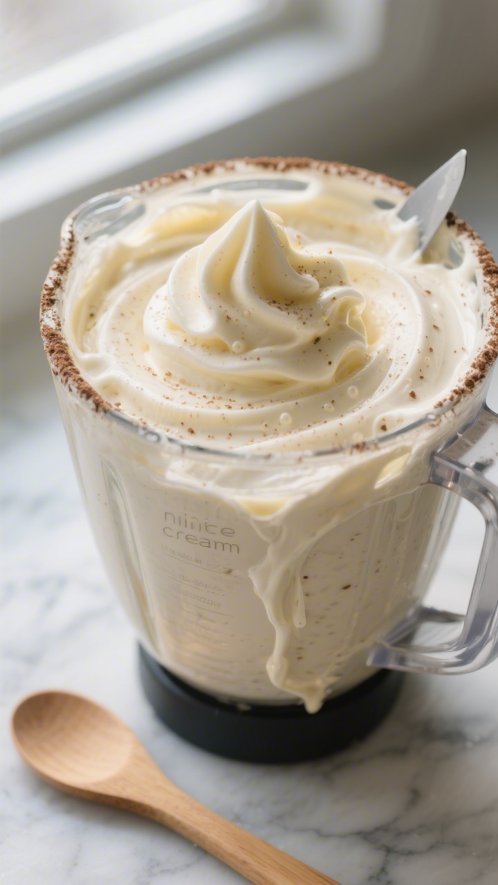 Close-up detail shot of freshly blended protein banana “nice cream” in a high-speed blender jar,