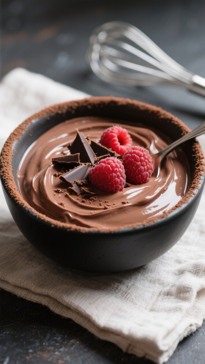 Close-up detail shot of the finished creamy chocolate Greek yogurt, spoon swirling through a silky, 