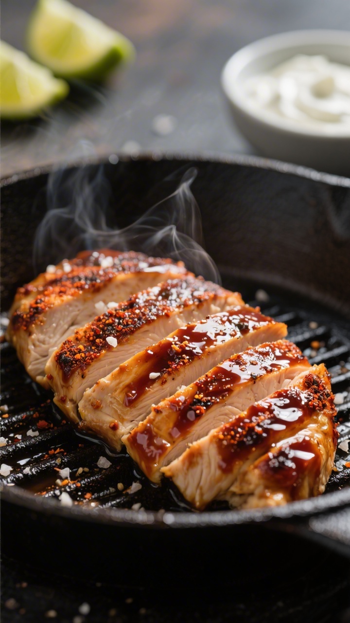 Close-up detail shot: Sliced BBQ-glazed chicken breast just off the grill/skillet, glossy sauce clin