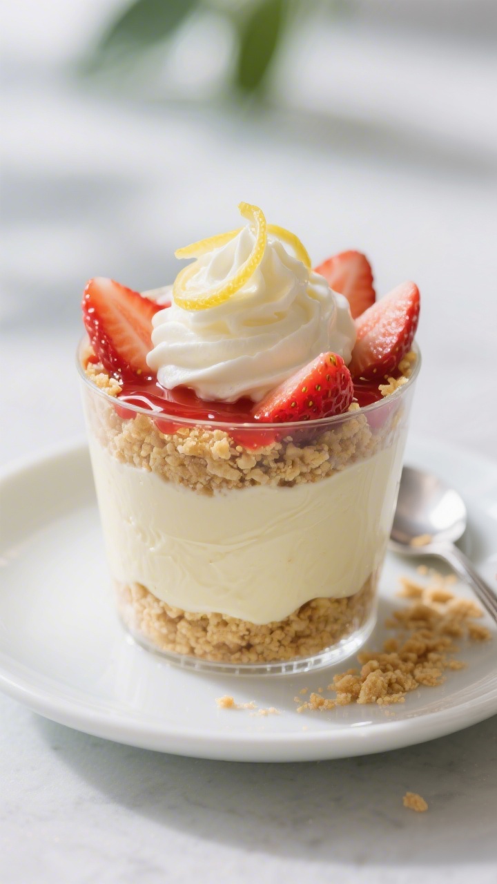 Close-up final presentation of no-bake high-protein strawberry shortcake cup: tight macro on the top