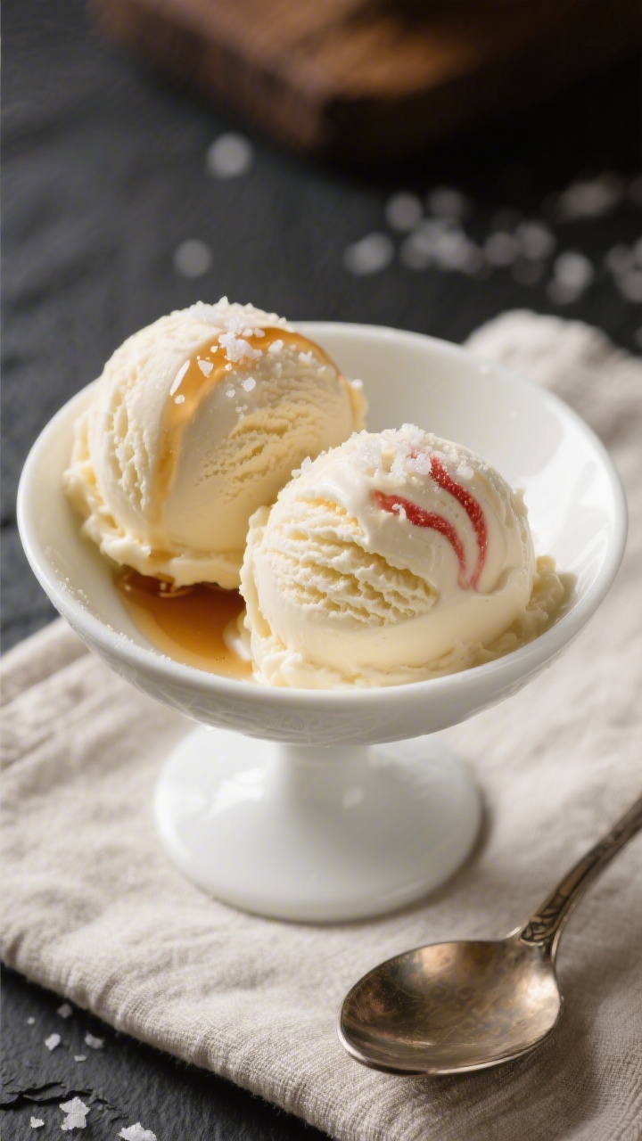 Close-up final presentation of two perfectly rounded scoops of high-protein vanilla ice cream in a c