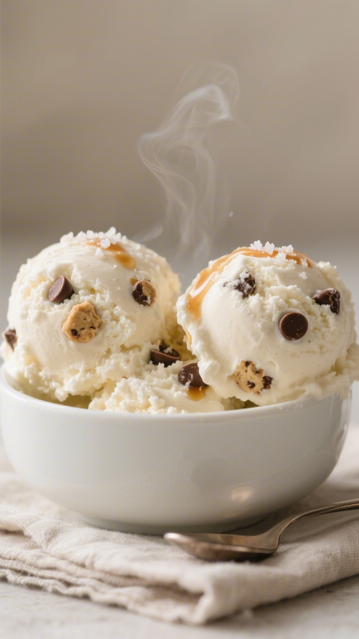 Close-up final scoop shot: two generously rounded scoops of cottage cheese cookie dough ice cream in