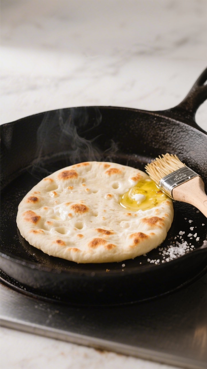 Close-up, in-pan cooking process shot of a single Greek yogurt flatbread on a hot cast-iron skillet,
