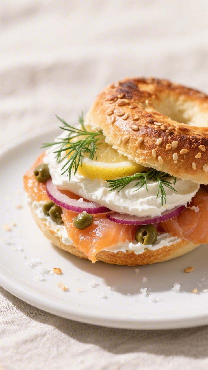 Close-up, of a final plated Greek yogurt bagel breakfast sandwich: toasted bagel halves with deep go
