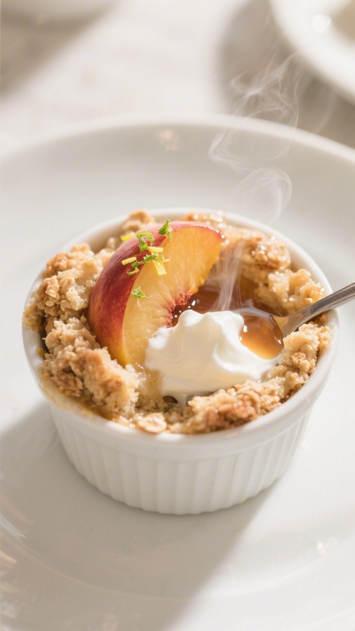 Close-up plated final presentation of a single Peach Cobbler Cup split open to showcase the juicy, t