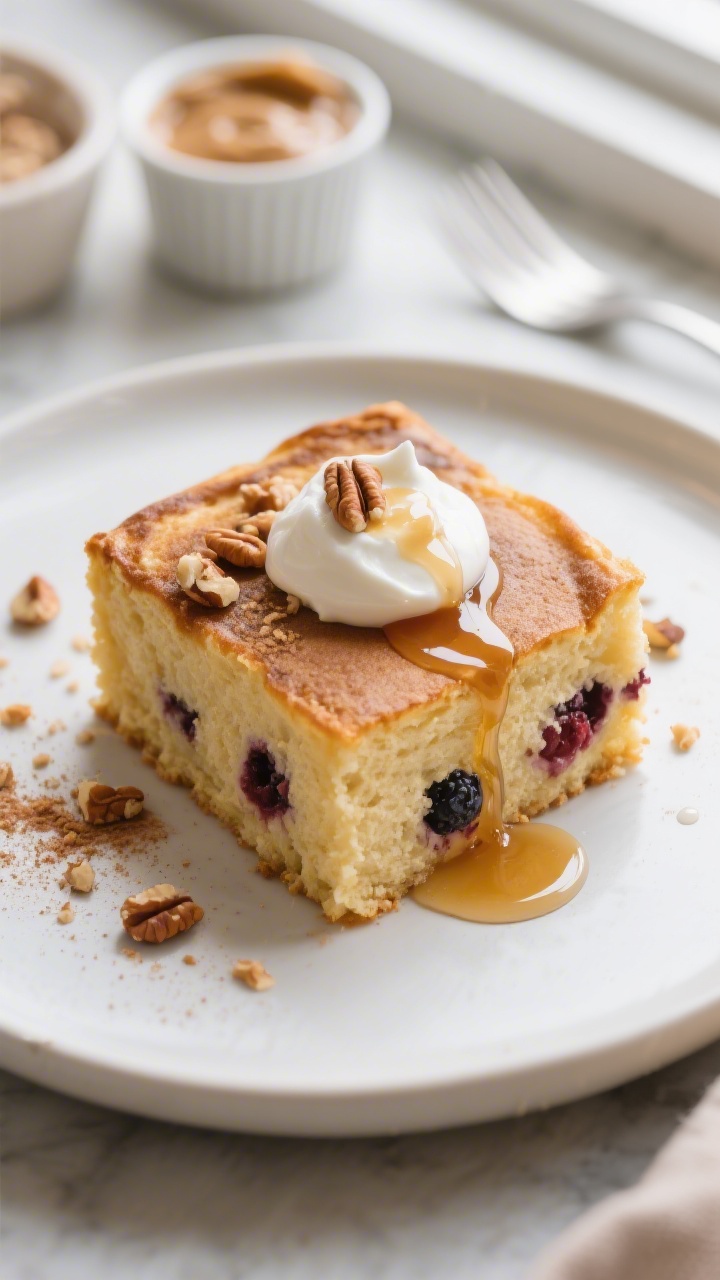 Close-up plated serving of the protein pancake casserole: a thick, fluffy square with tender crumb a