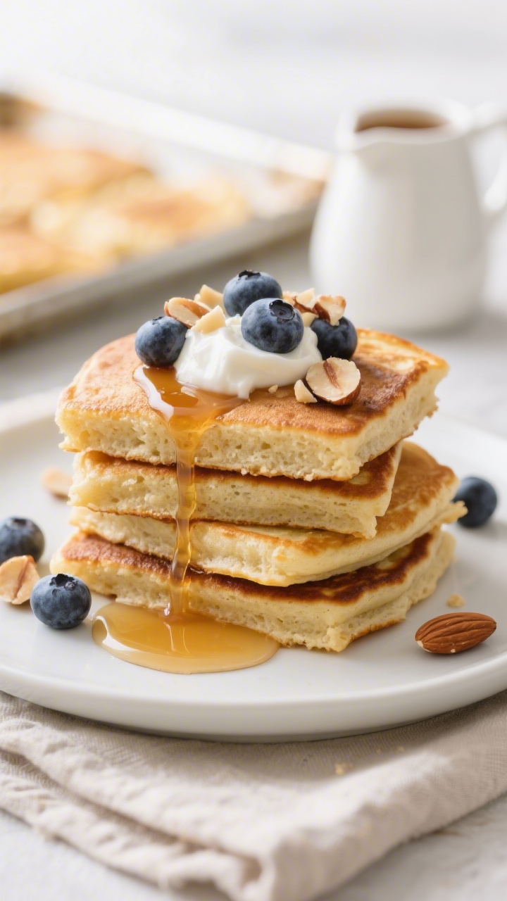 Close-up plated squares of sheet pan protein pancakes stacked on a matte white plate, drizzle of war