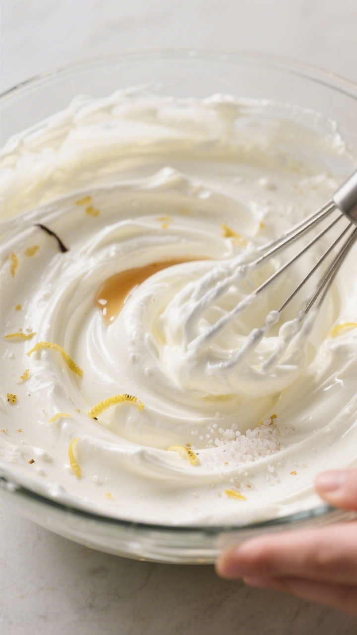 Close-up process detail of the cheesecake yogurt base being whisked in a glass mixing bowl: ultra-sm