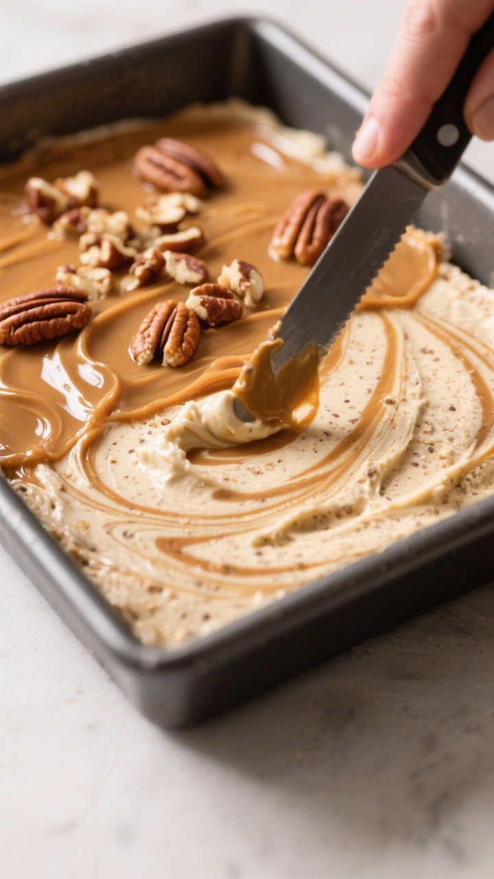 Close-up process shot of the second swirl step: half the batter spread, then final layer marbled wit