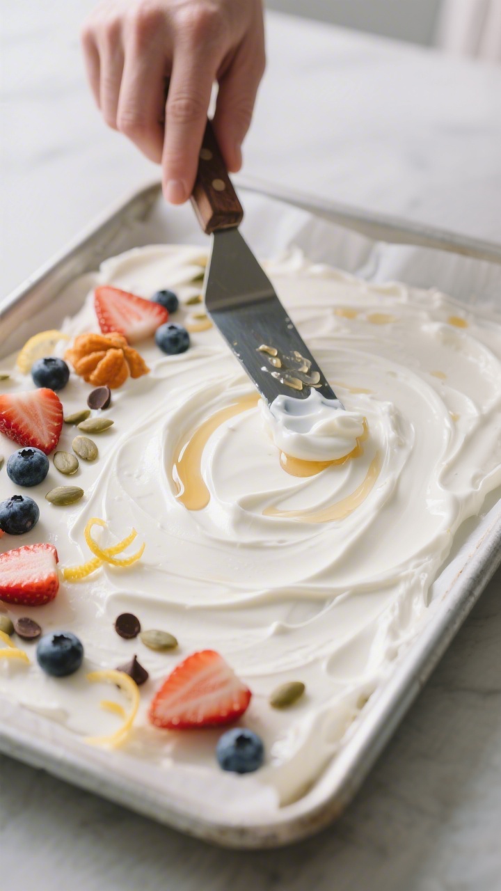 Close-up process shot of the yogurt layer being evenly spread to 1/4 inch on parchment just before f