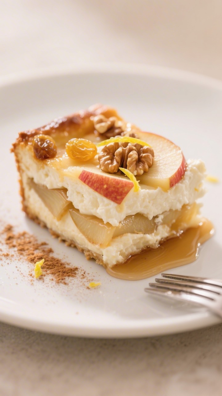 Close-up, three-quarter angle of a single plated square of the breakfast bake on a matte white plate