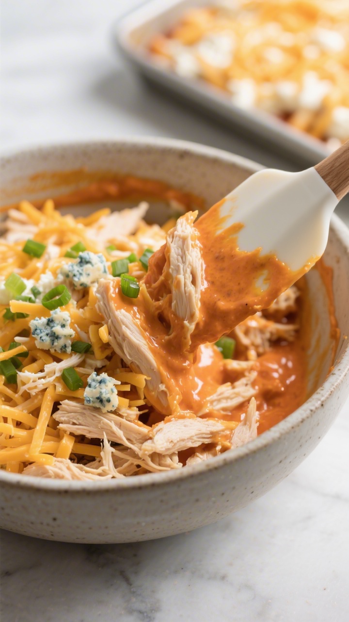 Close-up, three-quarter angle process shot of the blended cottage cheese–Greek yogurt–buffalo sa