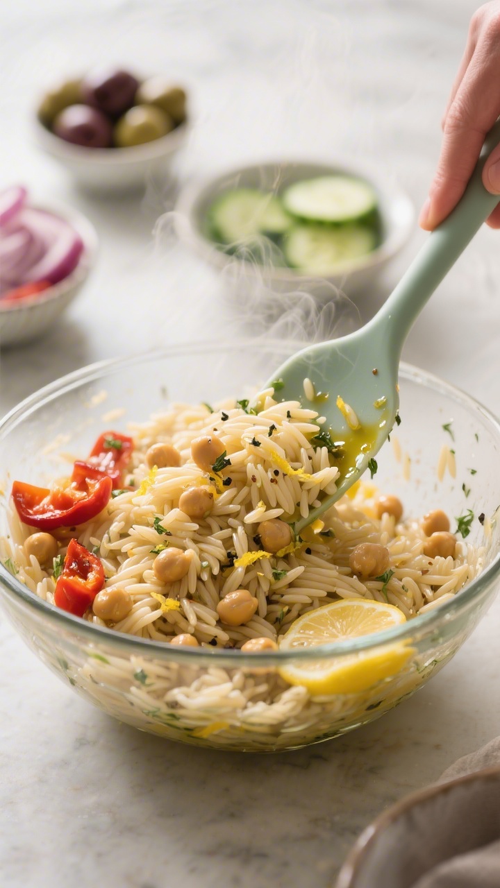 Close-up, three-quarter angle process shot: still-warm orzo being tossed with the emulsified lemon-D