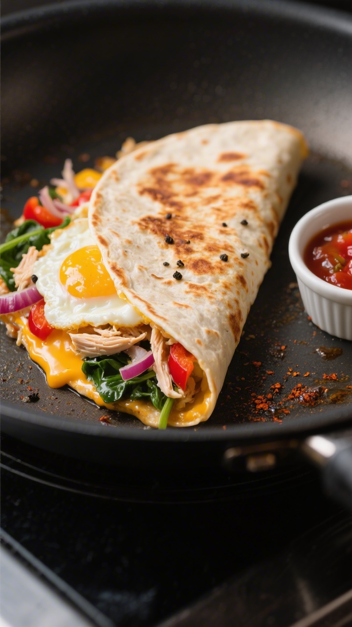 Cooking process close-up: A half-moon breakfast quesadilla in a nonstick skillet over medium heat, t