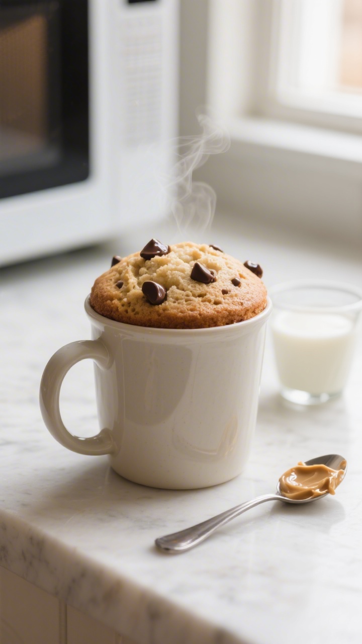 Cooking process close-up: A large 12 oz ceramic mug in a bright, clean kitchen setting just after mi