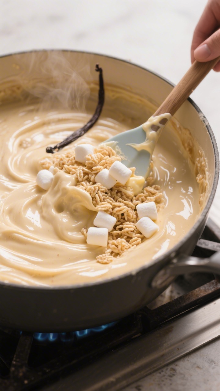 Cooking process close-up: A large pot on low heat with a glossy, melted marshmallow-honey-light butt