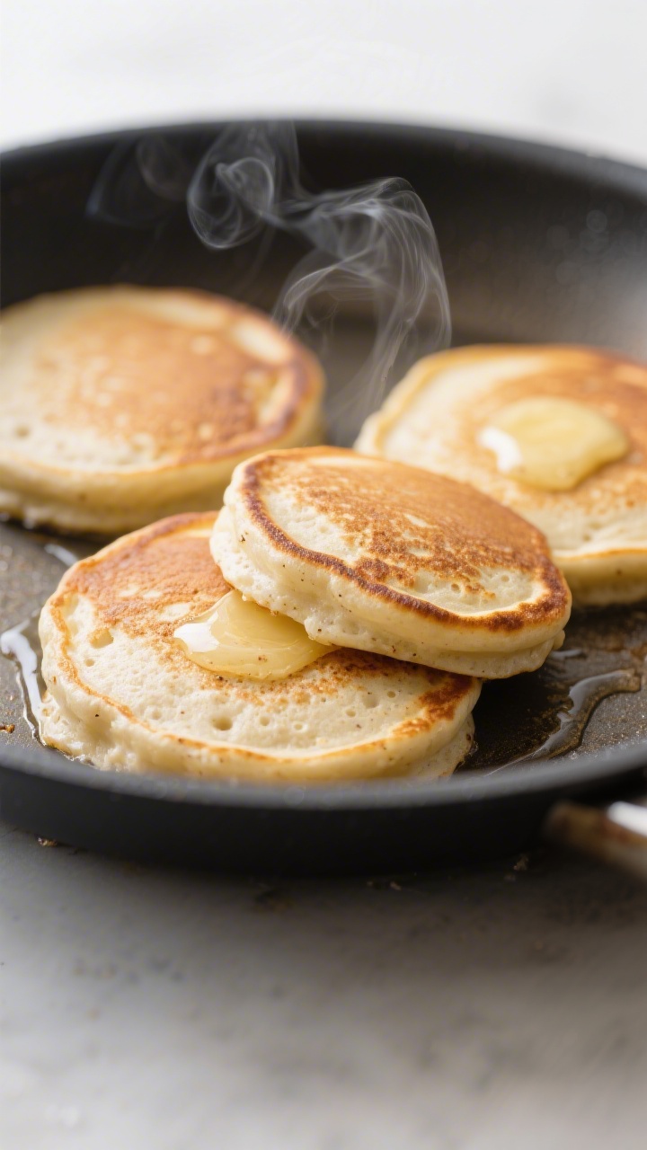 Cooking process close-up: A trio of gluten-free protein pancakes mid-cook on a preheated nonstick sk