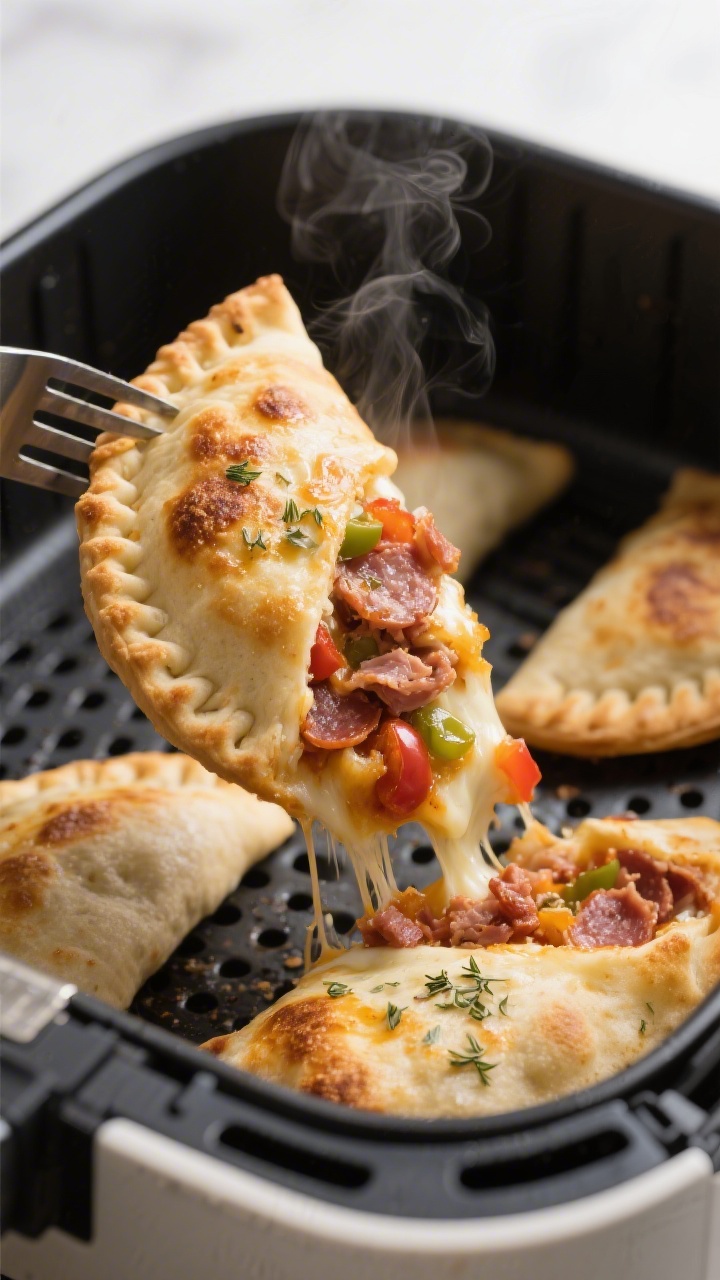 Cooking process close-up: Air fryer pizza pockets mid-cook at the 5-minute flip, golden blistered yo