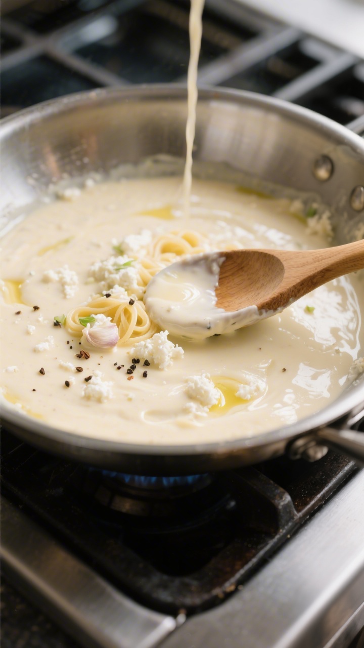 Cooking process close-up: Cottage cheese Alfredo sauce being gently warmed in a wide stainless-steel