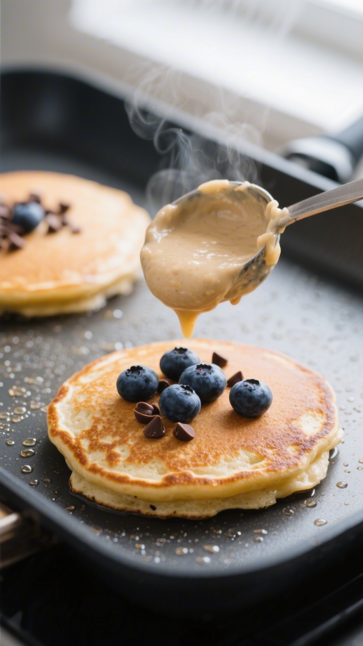 Cooking process, close-up detail: A 1/4-cup scoop of thick, well-rested protein pancake batter hitti