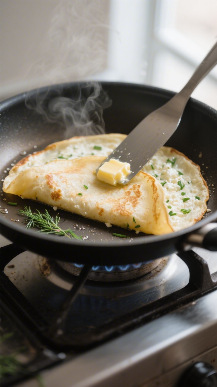 Cooking process, close-up detail: A thin, golden cottage cheese pancake wrap just flipped in a nonst
