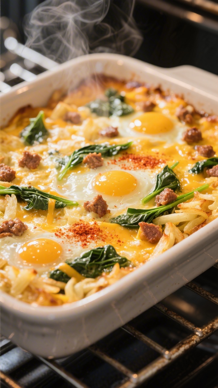 Cooking process, close-up detail: Golden breakfast casserole mid-bake in a 9x13 dish at the moment t