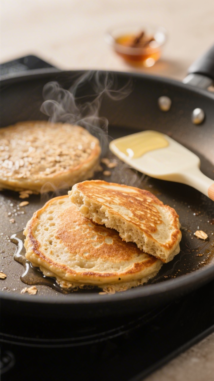 Cooking process, close-up detail: Golden-brown oatmeal protein pancakes mid-cook on a nonstick skill