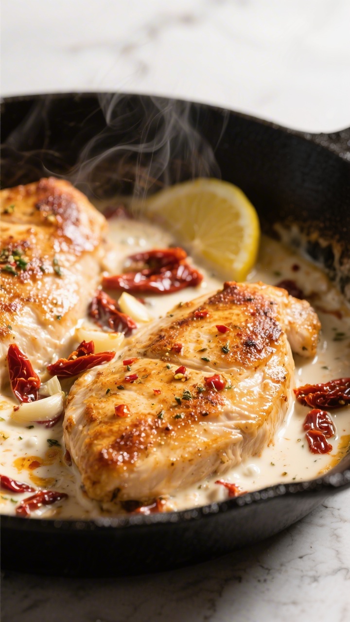Cooking process, close-up detail: Golden-seared chicken cutlets nestled in a skillet of creamy sun-d