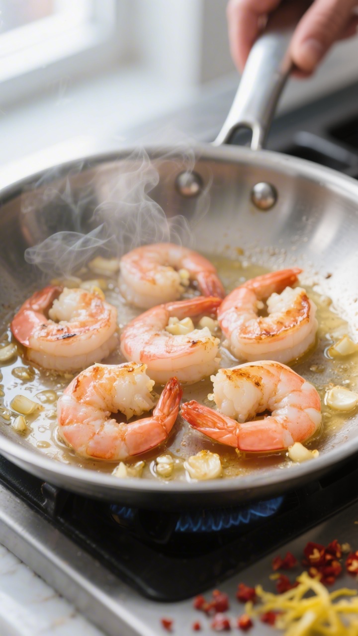 Cooking process, close-up detail: Searing shrimp in a stainless-steel skillet, medium-high heat, shr