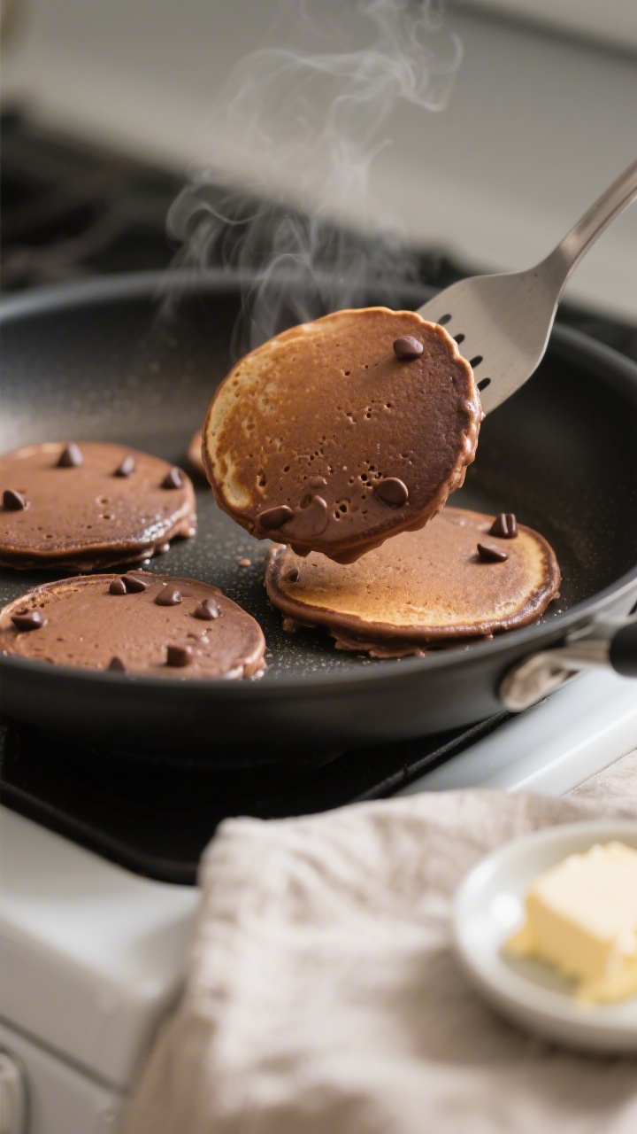 Cooking process, close-up detail: Thick, chocolate protein pancake batter portioned into 1/4-cup rou