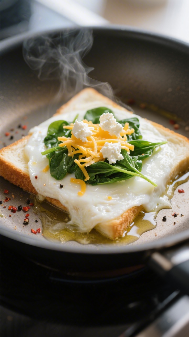 Cooking process close-up: Fluffy egg white “melt” being formed in a nonstick skillet over medium