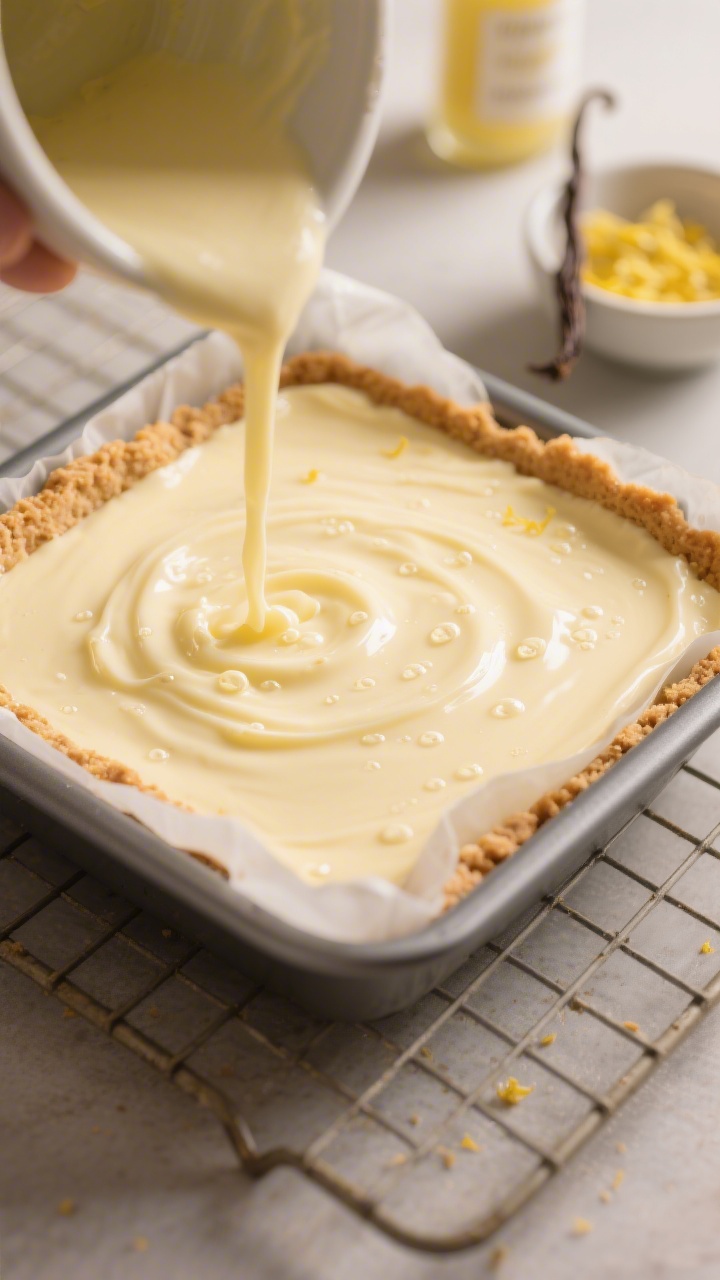 Cooking process close-up: Freshly baked Greek Yogurt Lemon Cheesecake filling just poured over a gol