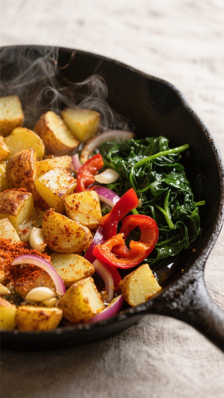 Cooking process close-up: Golden, crispy diced Yukon Gold potatoes sizzling in a large cast-iron ski
