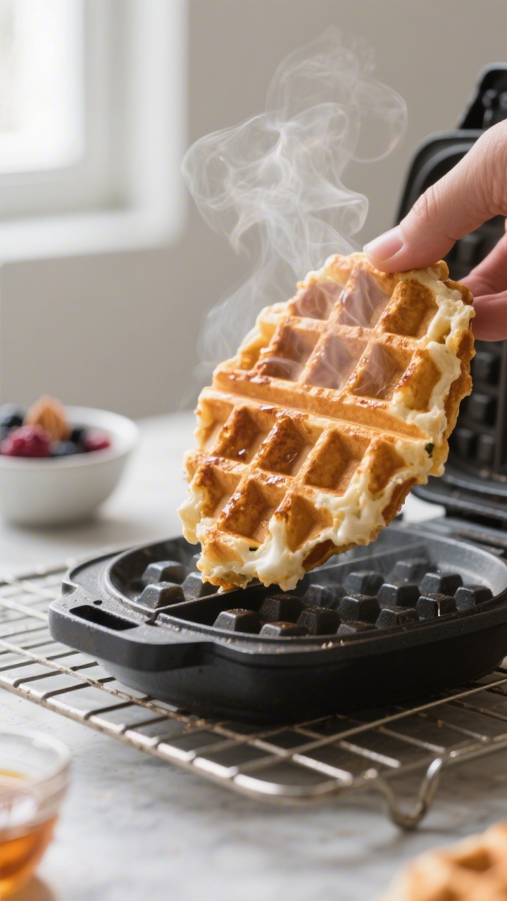 Cooking process close-up: Golden Greek yogurt protein waffle just lifted from a hot waffle iron, ste