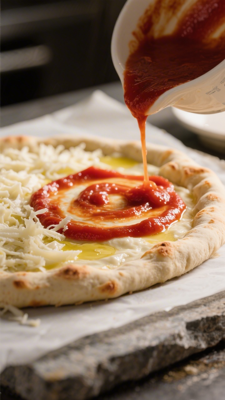 Cooking process close-up: Greek yogurt pizza dough crust after a 5–6 minute prebake on parchment o