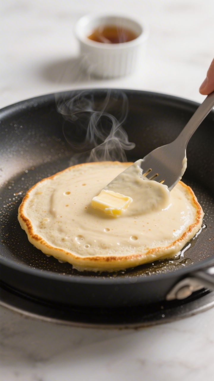 Cooking process close-up: Keto protein pancake mid-cook on a nonstick skillet over medium heat, gold