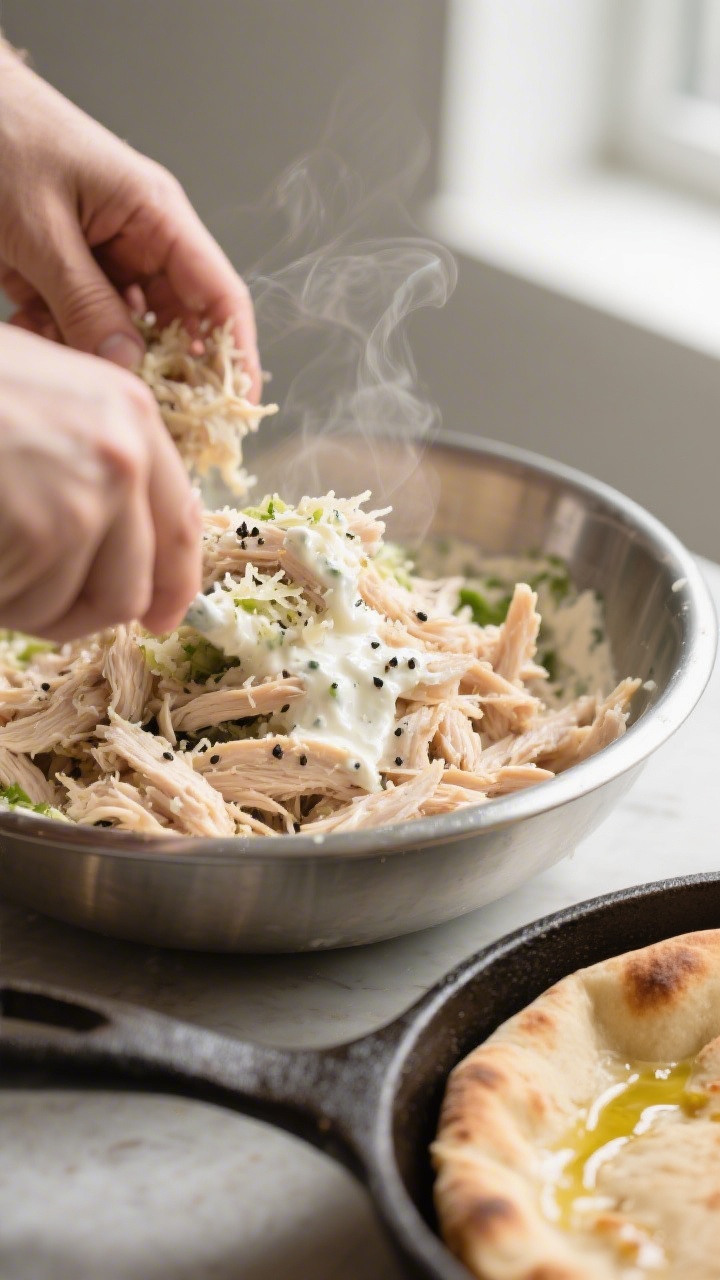 Cooking process close-up: Sauced shredded chicken being tossed in a stainless-steel bowl with a glos