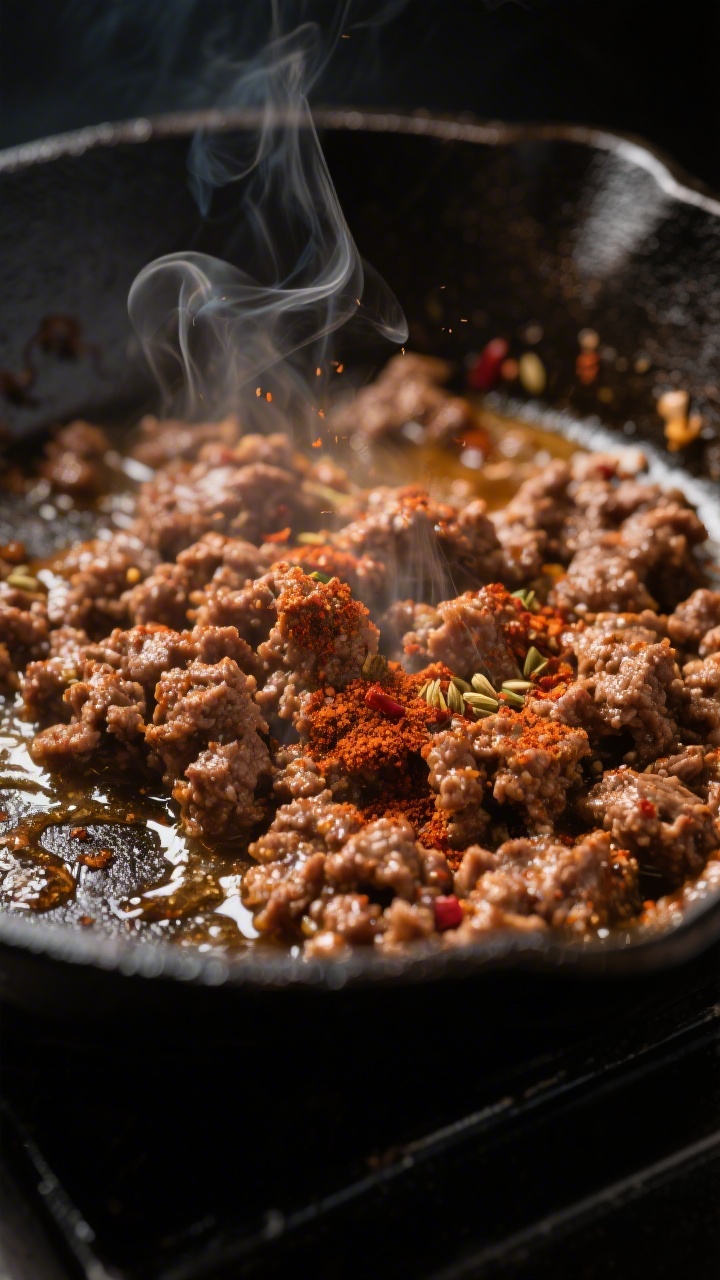 Cooking process close-up: Taco-seasoned ground beef sizzling in a cast-iron skillet, glossy and cara